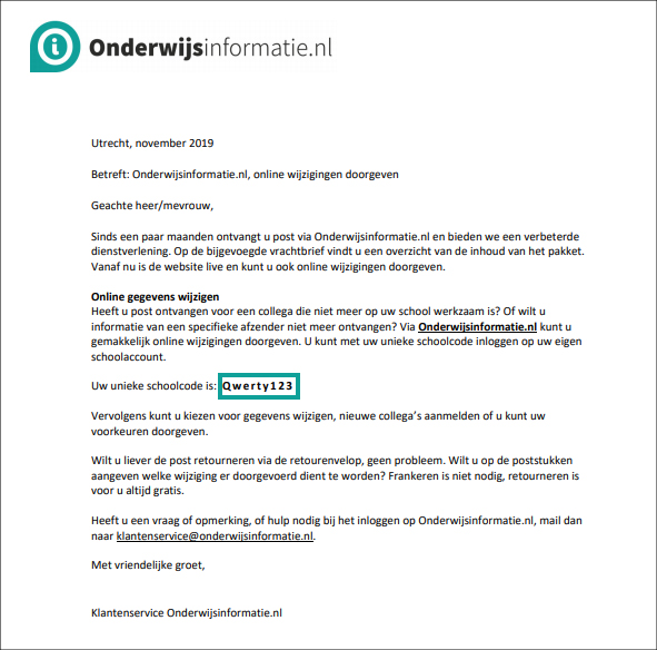 <p>Bij elk pakket dat je via Onderwijsinformatie.nl ontvangt, wordt een begeleidende brief toegevoegd met een weergave van de inhoud. Op deze brief vind je de unieke schoolcode. Hieronder zie je een voorbeeld.</p>